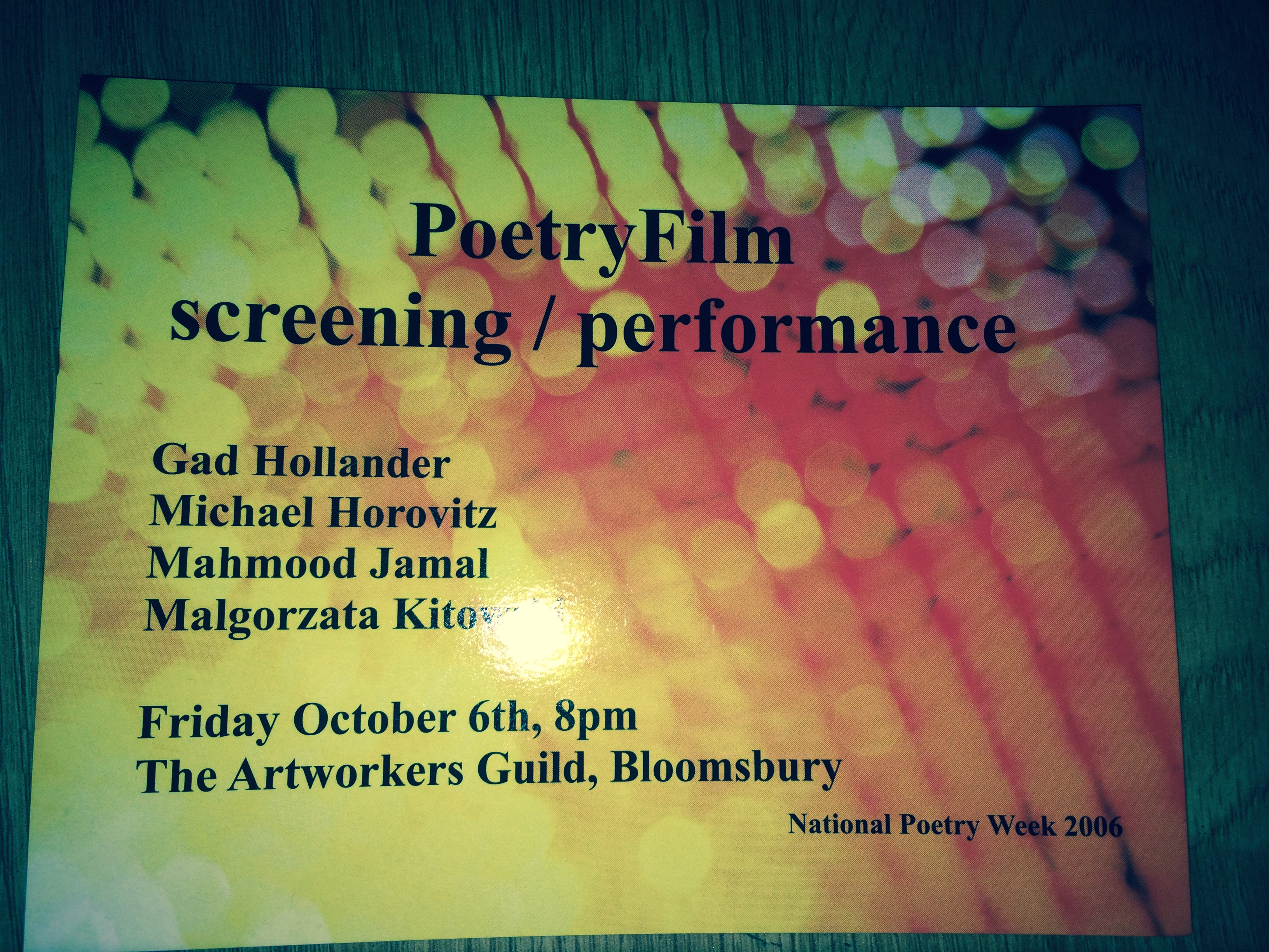 Postcard for the PoetryFilm event at the Artworkers' Guild in October 2006
